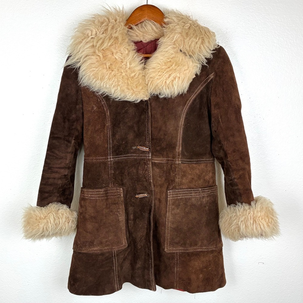 Vintage 70s Coat Sz S Genuine Suede Penny Lane Fur Trim Brown Boho Jacket Afghan